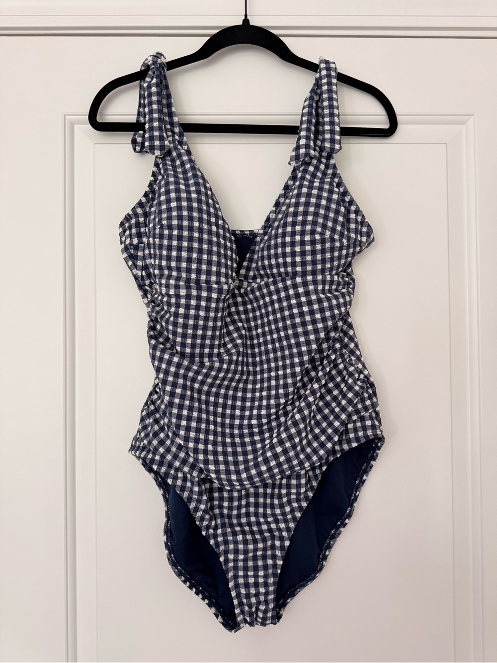 Navy Gingham One-Piece Swimsuit with Tie Shoulder Straps